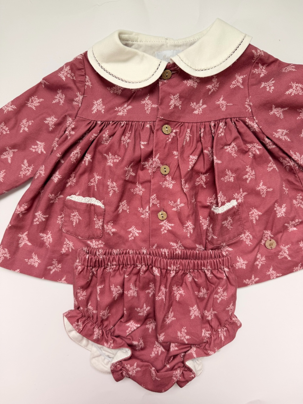 Baby Girls' Dusty Rose Floral Dress & Bloomers Set with Cream Peter Pan Collar